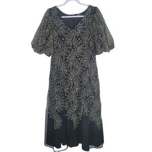 eShakti Midi Dress Size Medium Black A-Line Tulle Embroidered Puff Sleeve Boho